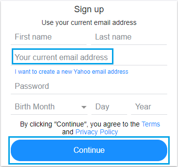 使用当前电子邮件地址创建 Yahoo 帐户