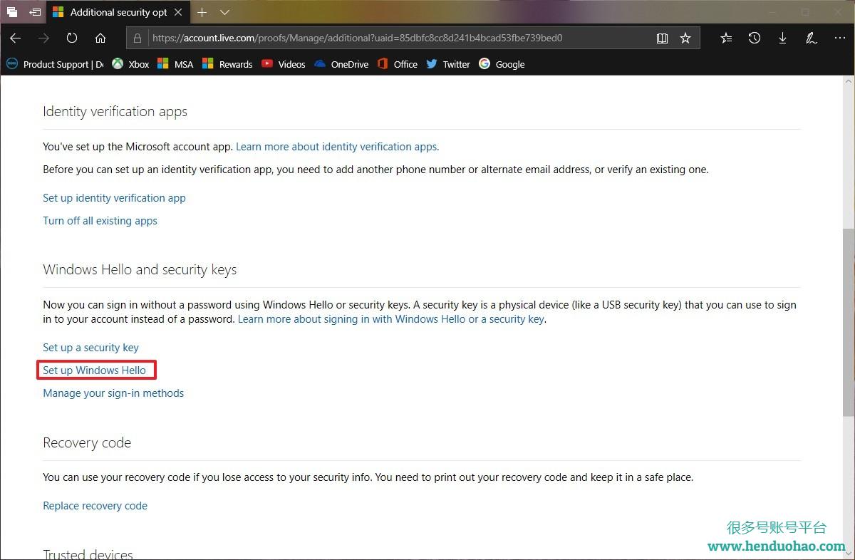 Microsoft 帐户 Windows Hello 和安全密钥设置
